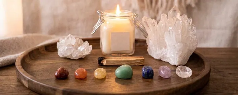 Zeven chakrastenen op een houten schaal, met een brandende kaars, bergkristallen en palo santo