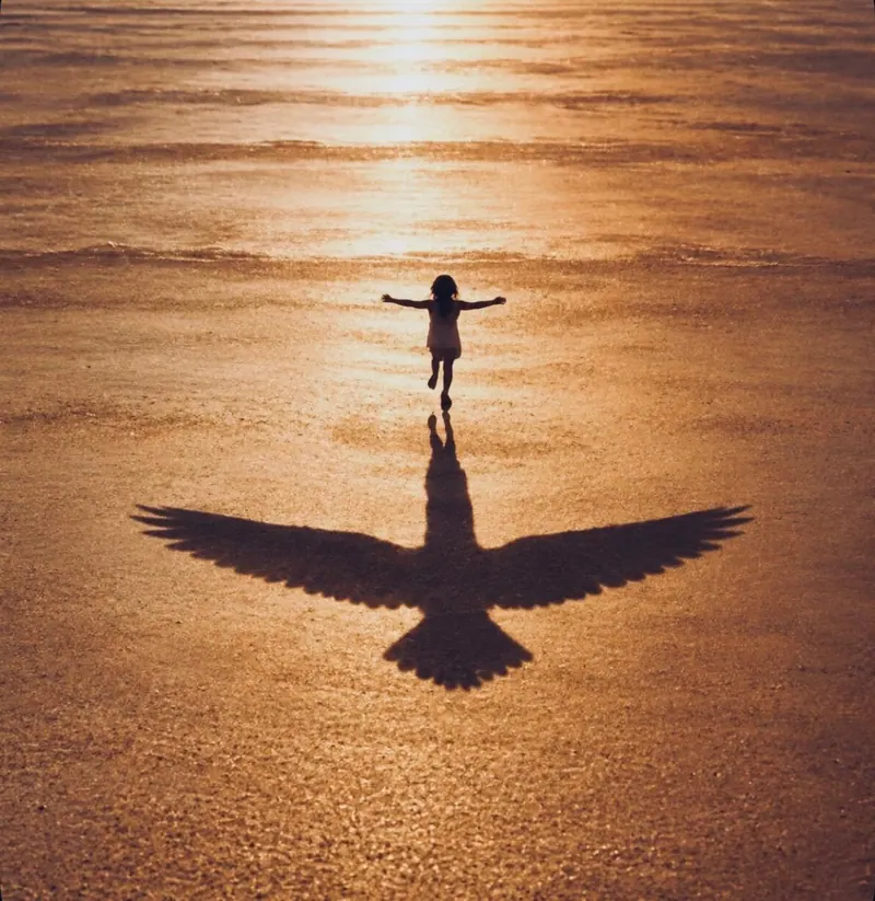 Een kind met gespreide armen op het strand in gouden licht, met een schaduw als vleugels van een vogel