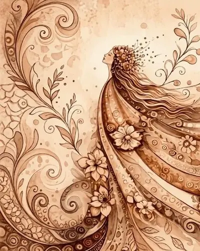 Illustratie in warme tinten: een figuur met wapperend haar tussen bloemen en vlinders