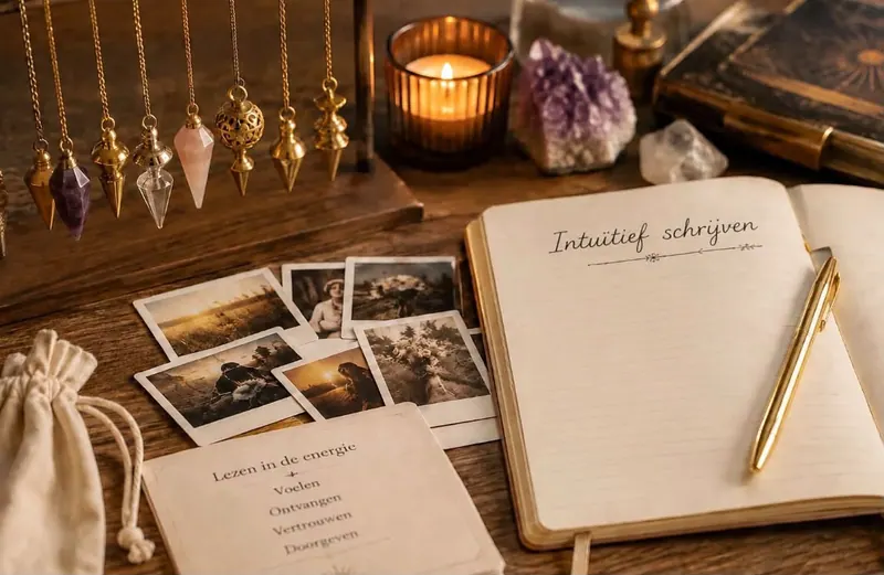 Pendels, oude foto's en een schrift met de tekst intuïtief schrijven op een houten tafel bij kaarslicht