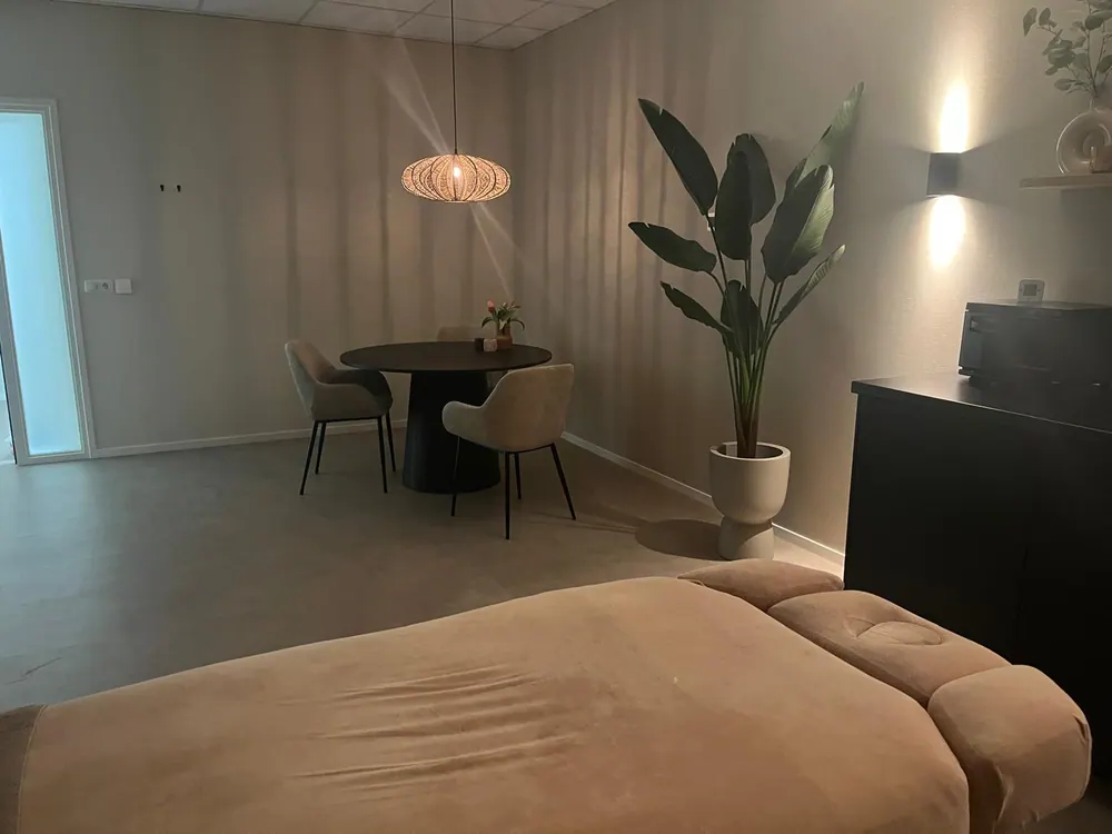 De praktijkruimte van Praktijk voor Zielskracht: behandeltafel met zachte dekens, een ronde tafel met twee stoelen, warm lamplicht en een grote plant