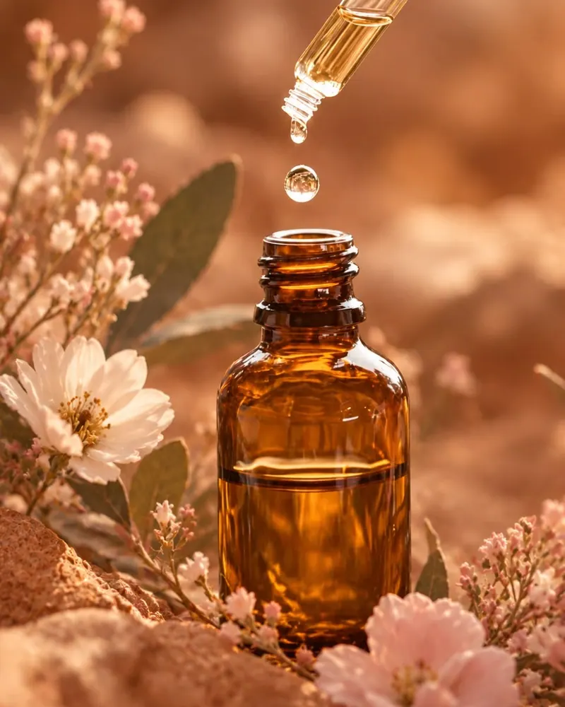 Een druppel valt uit een pipet in een amberkleurig flesje spagyrische essence, tussen zachtroze bloemen in warm licht