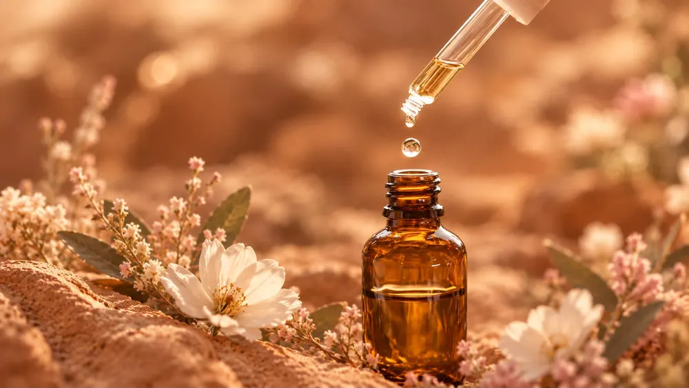 Een druppel valt uit een pipet in een amberkleurig flesje spagyrische essence, tussen zachtroze bloemen in warm licht