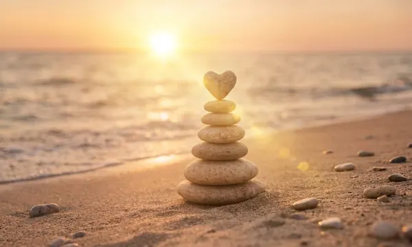 Een torentje van gladde stenen met een hartvormige steen bovenop, op het strand bij ondergaande zon