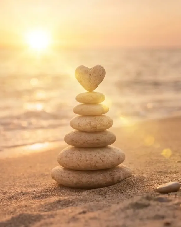 Een torentje van gladde stenen met een hartvormige steen bovenop, op het strand bij ondergaande zon